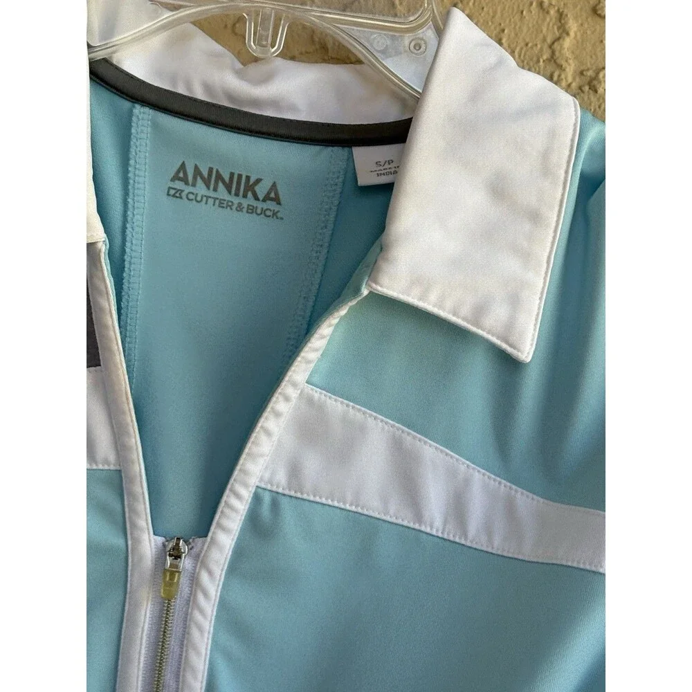 Annika Cutter & Buck Blue White Performance Golf Women’s Small Golf Polo Shirt - Picture 10 of 12